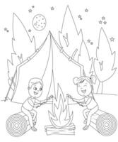 Unique and Cute Camping book page for children. coloring page for kids and adults. camping coloring vector