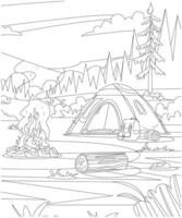 Unique Camping coloring page for kids and adults. camping coloring book page for children. vector