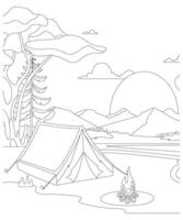 Unique Camping coloring page for kids and adults. camping coloring book page for children. vector