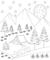 Unique and Cute Camping book page for children. coloring page for kids and adults. camping coloring vector