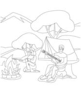 Unique Camping coloring page for kids and adults. camping coloring book page for children. vector