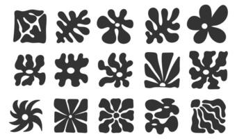 Set of abstract naive floral square. Modern wavy black flowers plant. Organic floral doodle shapes. vector