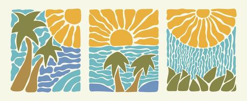 Set of abstract groovy curve seascape. Drawn pastel colorful sun and sea palm tree in modern vintage style. Organic doodle shapes in trendy naive hippie 60s 70s style. vector