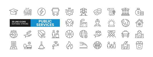 Set of 36 Public Services line icons set. Public Services outline icons with editable stroke collection. Includes Education, Transport, Energy, Trade, Sports, and More. vector