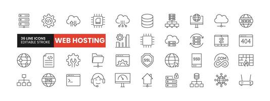 Set of 36 Web Hosting line icons set. Web Hosting outline icons with editable stroke collection. Includes DNS, Database, Cloud Computing, Global Network, Speed Optimization, and More. vector