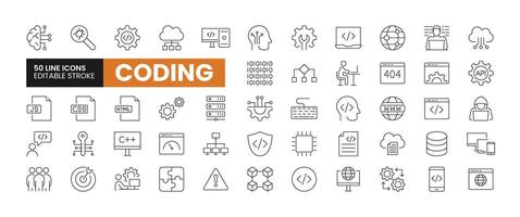 Set of 50 Coding and Programming line icons set. Coding outline icons with editable stroke collection. Includes Cloud Computing, Programmer, Website, Data, Bugs, and More. vector