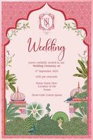 Traditional Indian Mughal Wedding Day Invitation Card Design with arch, NT monogram with crest, Mughal Decorated Dome, Red background tropical tree, Pichwai art vector