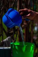 Green washbasin in the yard. Hand wash basin. photo