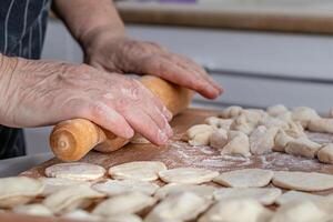 woman hands are making a damp dumpling. photo