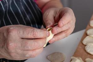Woman hands are making a damp dumpling. photo