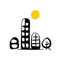 Bright illustration of a cityscape with buildings and nature elements in yellow and black. vector