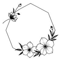 Hexagonal floral frame with a minimalist design of flowers and foliage, featuring stars. vector