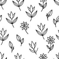 Seamless floral pattern with a variety of small flowers and leaves in black and white. vector