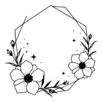 Hexagonal floral frame with a minimalist design of flowers and foliage, featuring stars. vector