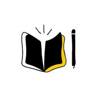 Illustration of an open book with a yellow highlight and a pencil. vector