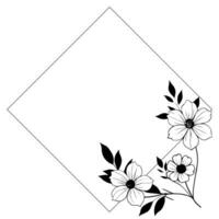 Diamond-shaped floral frame with minimalist botanical decorations in black and white. vector