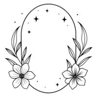 Black and white circular floral frame with stars and detailed botanical illustrations. vector