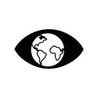 Black silhouette of an eye with a detailed globe as the pupil, emphasizing global vigilance. vector