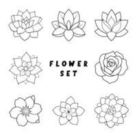 Decorative floral set featuring nine distinct black and white flower designs, each with unique petals and arrangements for diverse applications vector