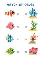 mini juegos para niños. preescolares conectar el pescado de el Derecha color con su casa. imagen con dibujos animados pez. juegos 3-4 años. mini juegos para niños. desarrollo de lógica en niños. vector