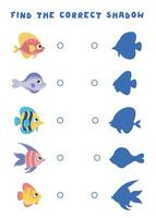 mini juegos para niños. encontrar el sombra de el pez, conectar el pescado con sus sombra. sencillo lógica juegos para preescolares vector