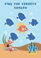 Mini games for children. preschoolers. Find the right shadow. Photo with cartoon fish. Games 3-4 years. Mini games for children. preschoolers. Development of logic in children. vector