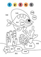 mini juegos para niños. preescolares sencillo colorante libro para niños. sencillo matemático ejemplos arriba a número 5. imagen con pescado y algas. lógico problema vector
