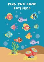 Mini-games for children. preschoolers. Find a couple of fish. Picture with cartoon fish. Games 3-4 years old. Mini-games for children. Logic development in children. vector