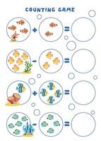 Mini games for children. Preschoolers. Mathematical examples up to 5. Simple mathematics for preschoolers. How many fish live in the sea. vector