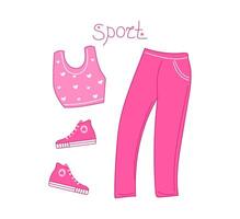 Pink fashionable sports collection of clothes and shoes. Sports suit, sneakers for running and training. Pants and T-shirt for girls. Set of doll accessories. illustration, isolated background. vector