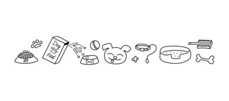 Food, products for dogs. Pet linear icons. Products for the care and feeding of a puppy, toys for animals. Drawings, doodles. Goods pet promotion concept. vector