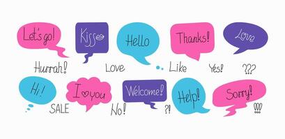 Conversation phrases in colored bubbles. Online chat clouds with various words, comments, information forms. Greetings, phrases, reactions. illustration, drawings with text. vector
