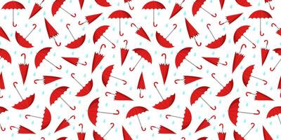 Red umbrellas pattern. Open, closed umbrella and raindrops. Rain season. Rainy weather. Flat style. Seamless background. vector