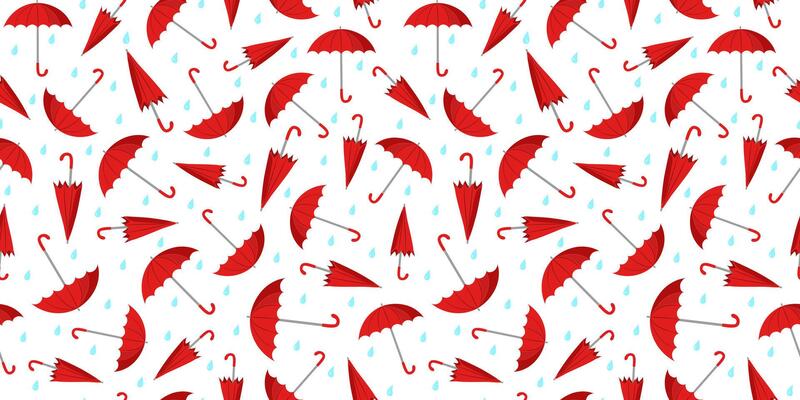 Red umbrellas pattern. Open, closed umbrella and raindrops. Rain season. Rainy weather. Flat style. Seamless background.