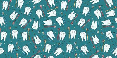 Dentistry pattern, teeth cleaning. Tooth with toothbrush in hand. Shiny healthy happy white tooth. Stars. Doodle style. Oral hygiene. Seamless background.. vector