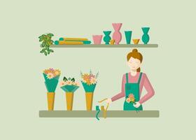 Young woman florist. Flower shop, packaging bouquets. Festive gift wrapping. Salesman. Flowers in vases. vector