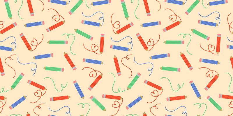 Pattern. Pencils colored and line drawing. Line, heart shape, zigzag drawn in pencil. Stationery. illustration, seamless background.