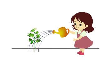 giovane ragazza irrigazione impianti, carino divertente giovane donna con irrigazione può assunzione cura, contento donna irrigazione impianti nel giardino, irrigazione può su il giardino, eco verde video