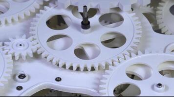 Close Up White Color Gears Mechanism Rotation Footage. video