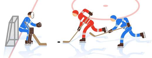 Scene of a hockey match - a striker with a puck approaches the goal vector