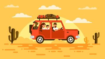 Family travels by car with a dog. vector