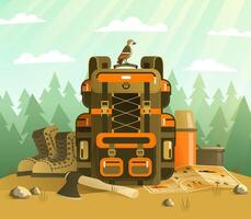 Camping backpack and tourist stuff vector