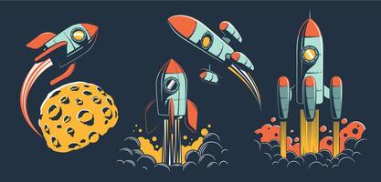 Space rocket of various designs flies in space vector