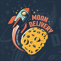 Rocket fly around Moon. Vintage space poster vector