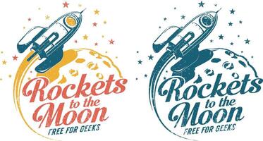 A rocket flying around the moon - vintage emblem poster print vector