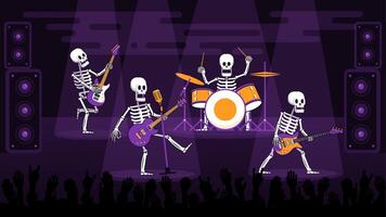 Rock band of skeletons with electric guitars and a drummer performs on stage vector