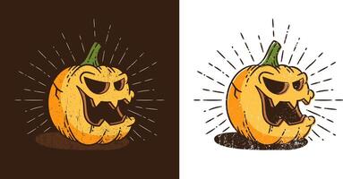 Vintage Halloween pumpkin in retro style smiling with hipster sunburst vector