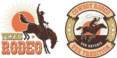 Rodeo retro logo with cowboy horse rider silhouette vector