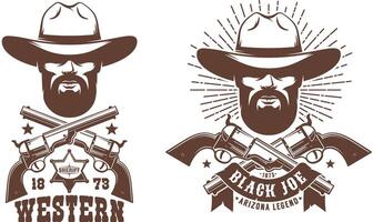 vaquero barbado en sombrero con cruzado pistolas retro logo vector