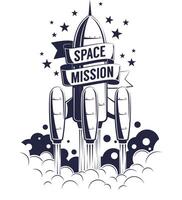 Space rocket launch - vintage emblem with ribbon vector